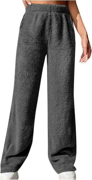 Women Plush Pajamas Pants Furry Pj Pants Fluffy Lounge Pants Comfy Fuzzy Sleep Pants Warm Thick Trousers with Pockets