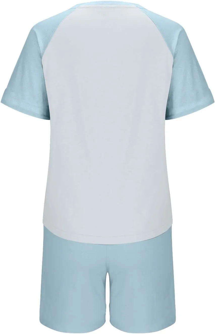 Women Raglan Short Sleeve Cotton Pajama Sets Cute Color Block 2 Piece Built-in Bra Sleepwear T-Shirt & Shorts Outfit