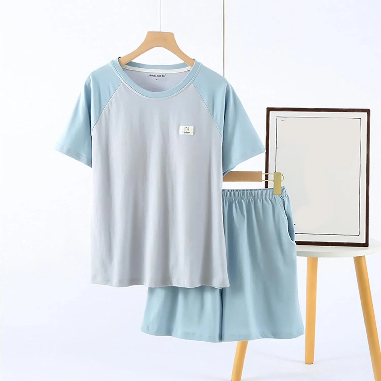 Women Raglan Short Sleeve Cotton Pajama Sets Cute Color Block 2 Piece Built-in Bra Sleepwear T-Shirt & Shorts Outfit