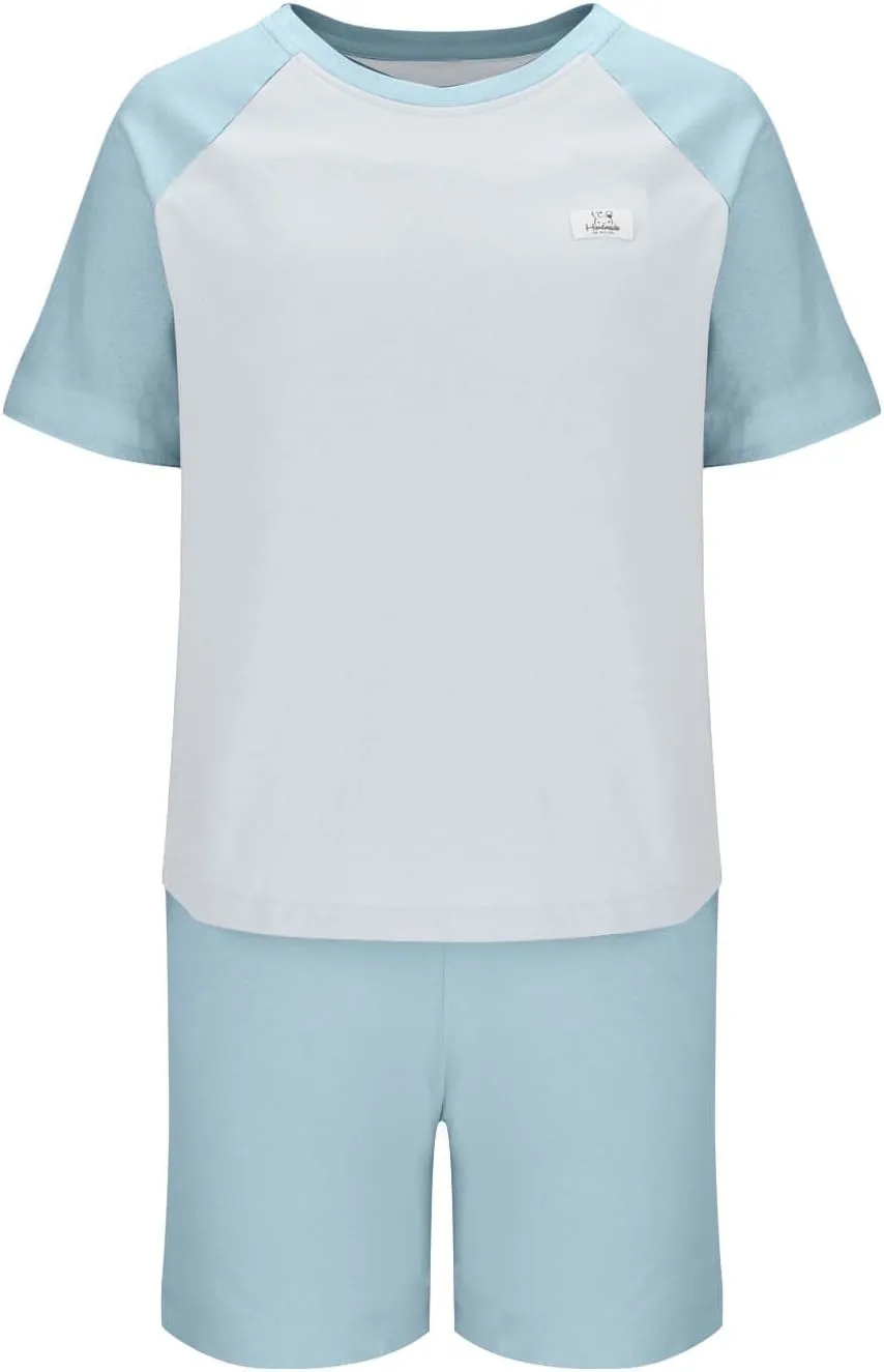 Women Raglan Short Sleeve Cotton Pajama Sets Cute Color Block 2 Piece Built-in Bra Sleepwear T-Shirt & Shorts Outfit