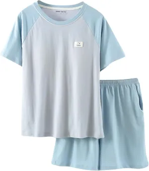 Women Raglan Short Sleeve Cotton Pajama Sets Cute Color Block 2 Piece Built-in Bra Sleepwear T-Shirt & Shorts Outfit