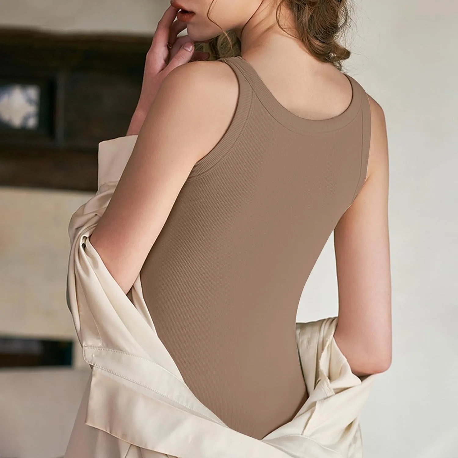Women Ribbed Cotton Tank Tops Summer Bin in Bra Sleeveless Scoop Neck Undershirts Comfy Yoga Workout Crop Top Pjs
