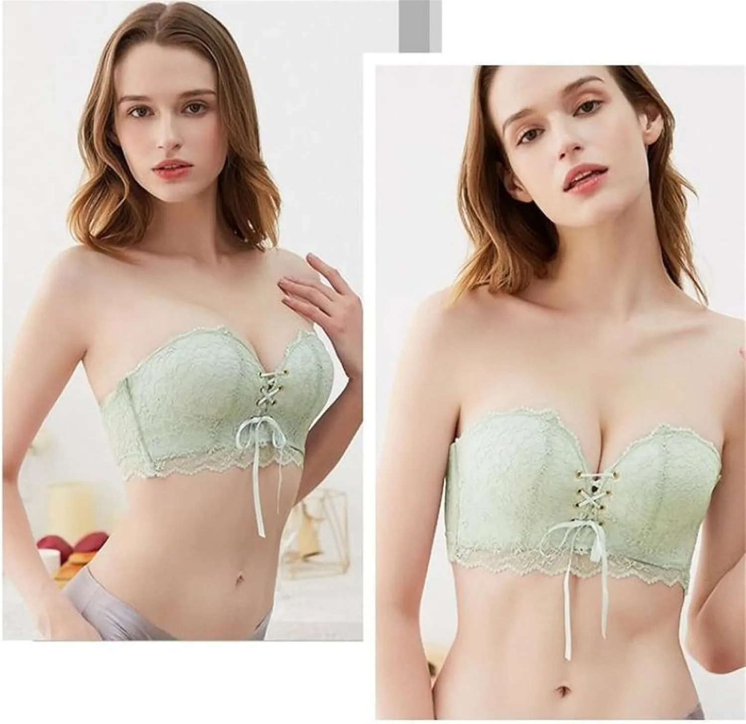 Women Solid Lace Strapless Stealth Bra Wire Bra Bandage Brassiere Underwear Lace Satin Lingerie Set with Robe