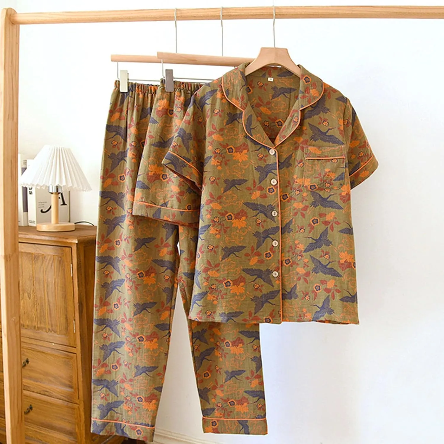 Women Vintage 3 Piece Cotton Pajama Sets Boho Short Sleeve Sleepwear Button Down Shirts Set Shorts Pants Loungewear