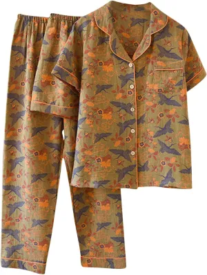 Women Vintage 3 Piece Cotton Pajama Sets Boho Short Sleeve Sleepwear Button Down Shirts Set Shorts Pants Loungewear