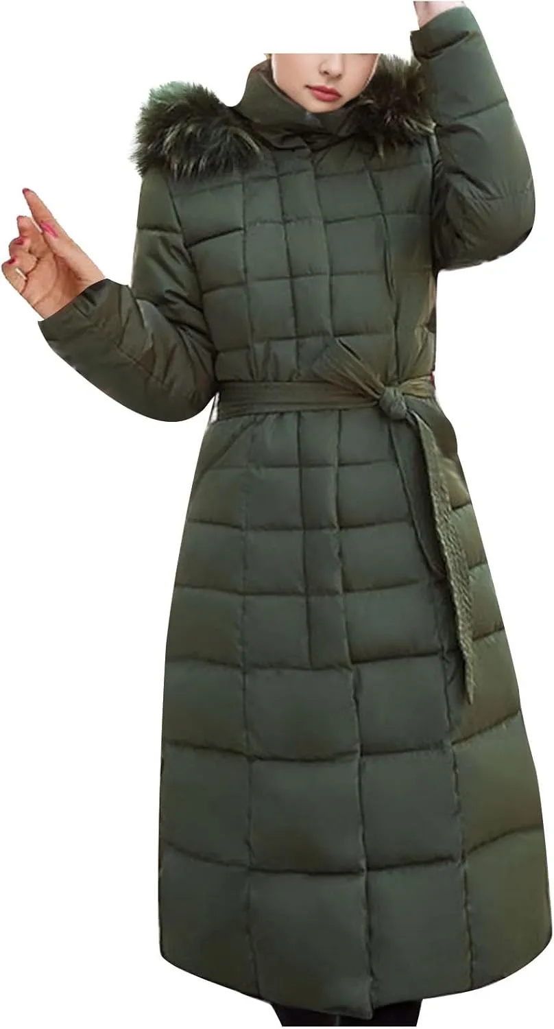 Women Winter Coat Long Down Jacket With Fur Hood Quilted Puffer Jacket Plus Size Outerwear Padded Casual Warm Down Coat