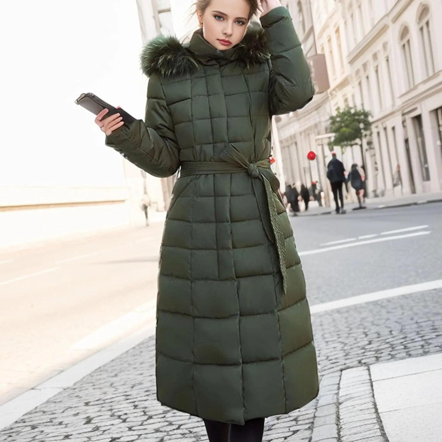 Women Winter Coat Long Down Jacket With Fur Hood Quilted Puffer Jacket Plus Size Outerwear Padded Casual Warm Down Coat