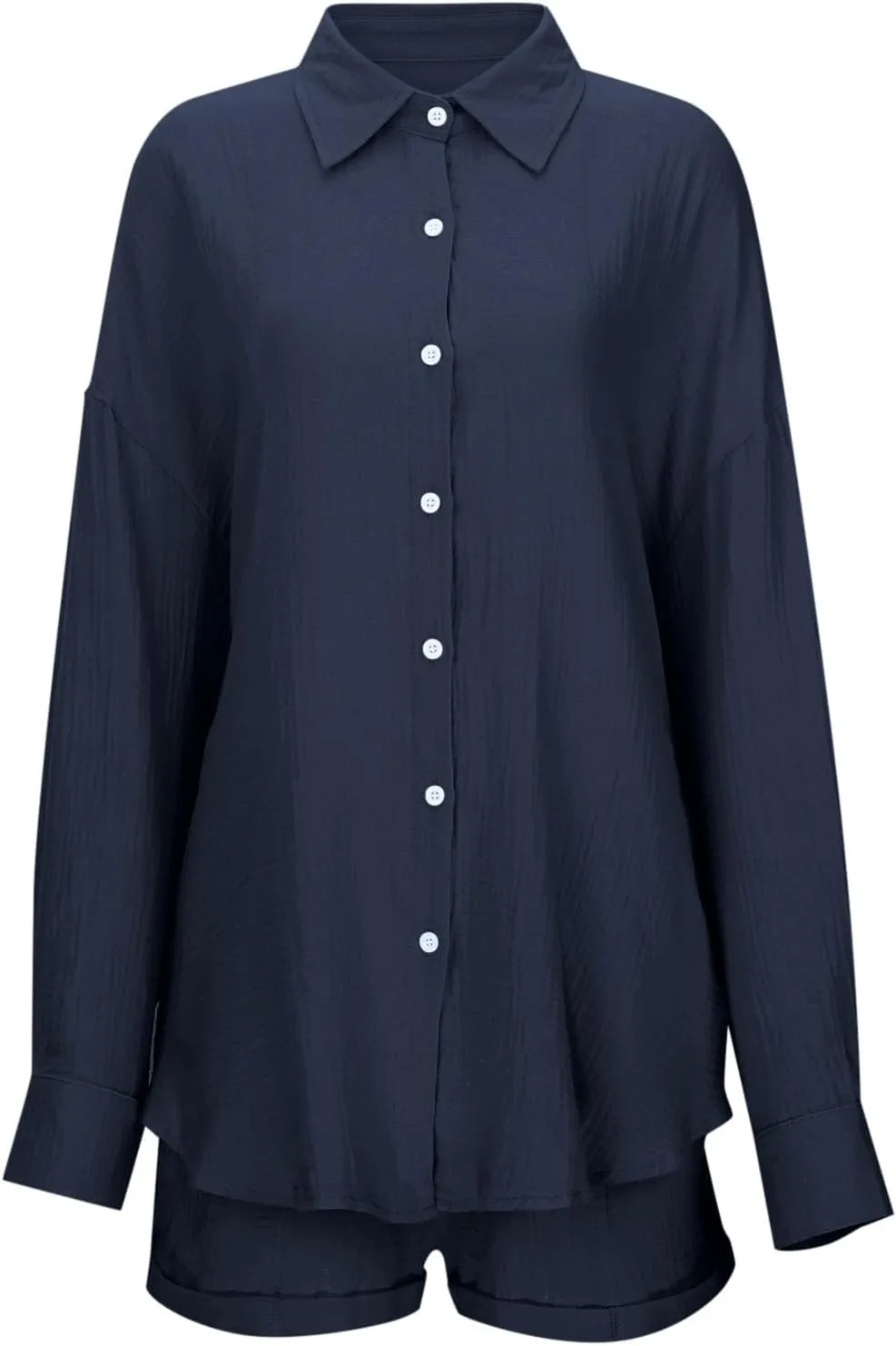 Women Wrinkles Cotton Lounge Set Oversized 2 Piece Outfit Button Down Long Sleeve Shirts and Shorts Boyfriend Sets