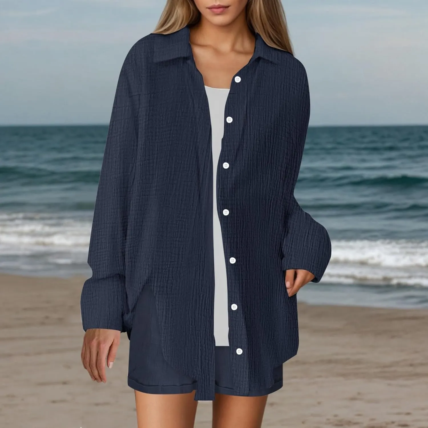 Women Wrinkles Cotton Lounge Set Oversized 2 Piece Outfit Button Down Long Sleeve Shirts and Shorts Boyfriend Sets