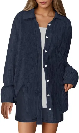 Women Wrinkles Cotton Lounge Set Oversized 2 Piece Outfit Button Down Long Sleeve Shirts and Shorts Boyfriend Sets