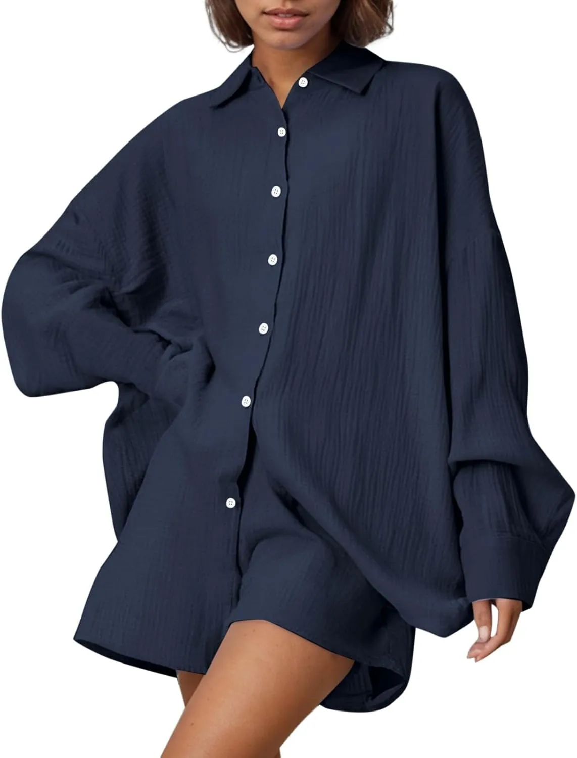 Women Wrinkles Cotton Lounge Set Oversized 2 Piece Outfit Button Down Long Sleeve Shirts and Shorts Boyfriend Sets