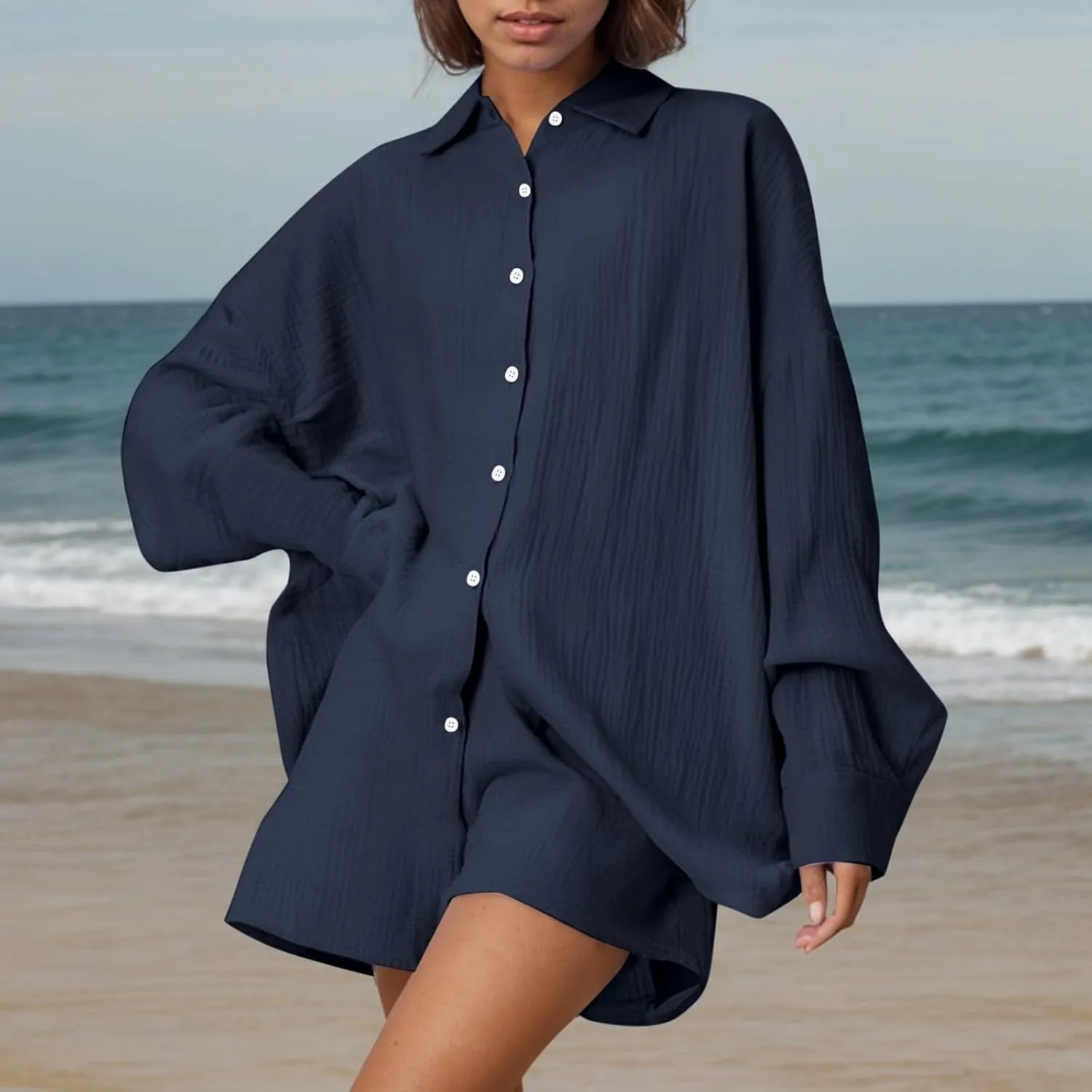 Women Wrinkles Cotton Lounge Set Oversized 2 Piece Outfit Button Down Long Sleeve Shirts and Shorts Boyfriend Sets