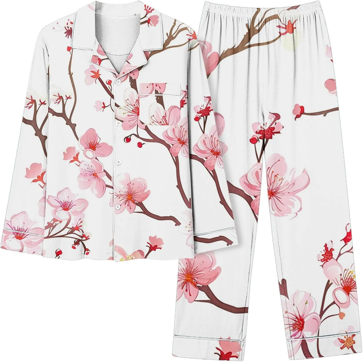 Womens 2 Piece Floral Print Pajama Set Long Sleeve Lounge Sets Button Down Shirts and Shorts PJs Soft Sleepwear Set