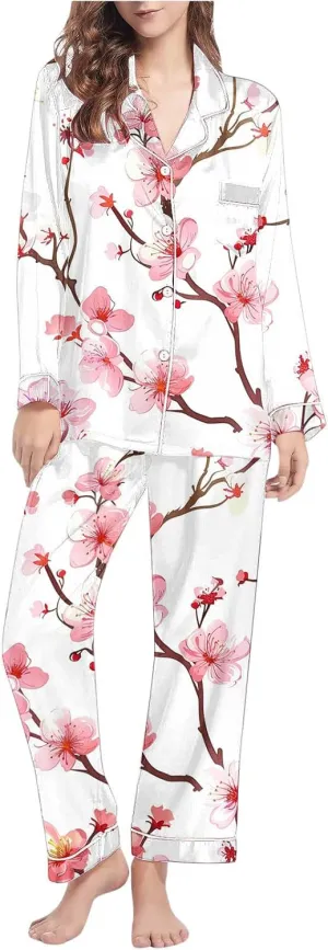 Womens 2 Piece Floral Print Pajama Set Long Sleeve Lounge Sets Button Down Shirts and Shorts PJs Soft Sleepwear Set
