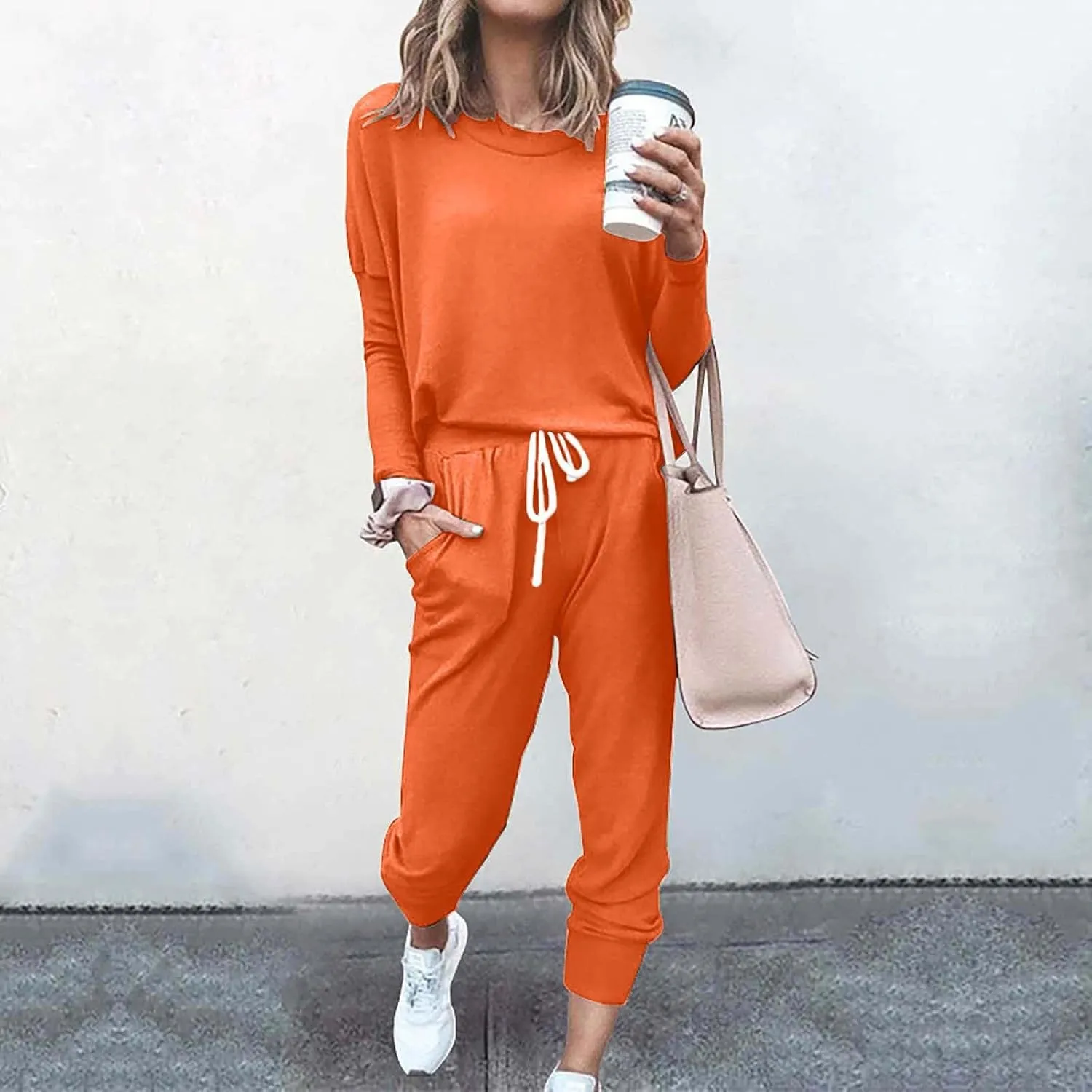 Womens 2 Piece Lounge Set Soft Loose Fit Solid Color Sweatsuits Crewneck Long Sleeve Pullovers Casual Size Tracksuit