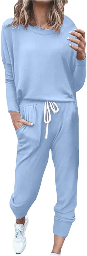 Womens 2 Piece Lounge Set Soft Loose Fit Solid Color Sweatsuits Crewneck Long Sleeve Pullovers Casual Size Tracksuit