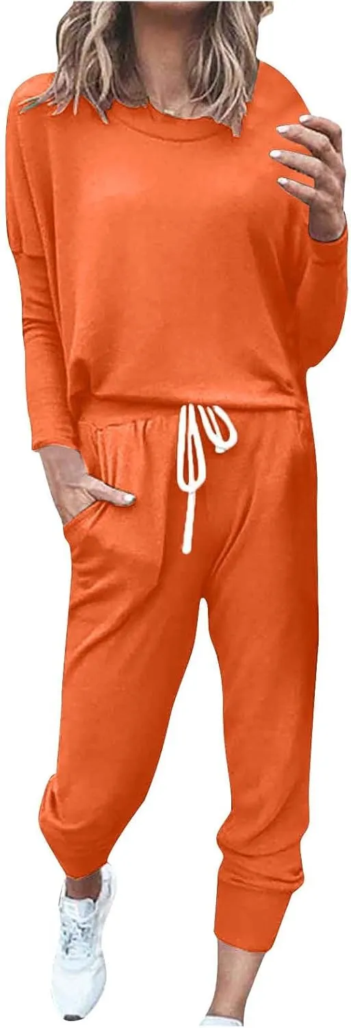 Womens 2 Piece Lounge Set Soft Loose Fit Solid Color Sweatsuits Crewneck Long Sleeve Pullovers Casual Size Tracksuit