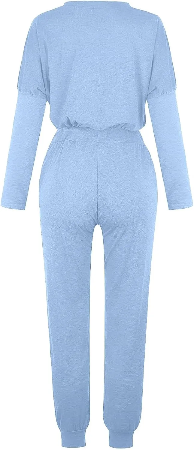 Womens 2 Piece Lounge Set Soft Loose Fit Solid Color Sweatsuits Crewneck Long Sleeve Pullovers Casual Size Tracksuit