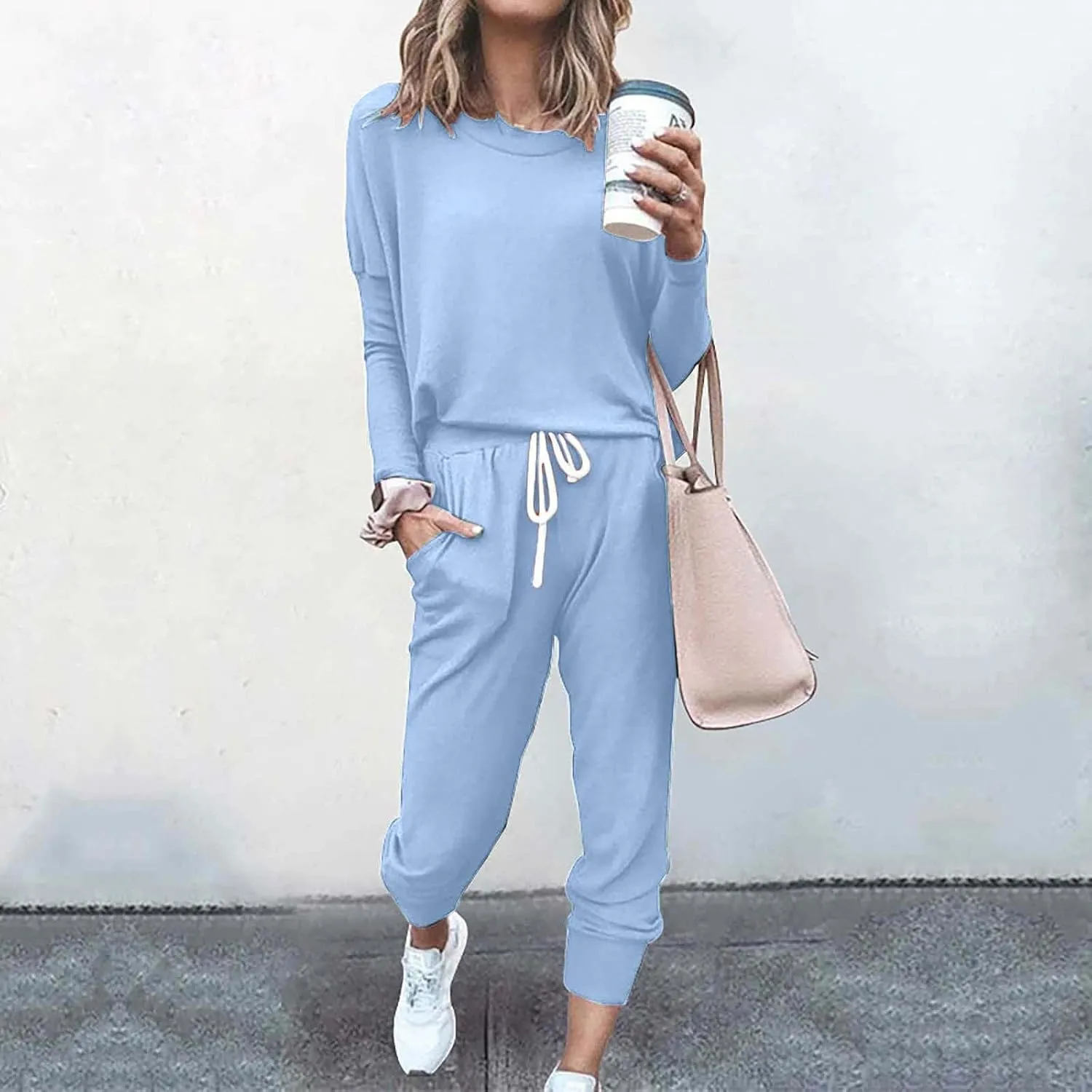 Womens 2 Piece Lounge Set Soft Loose Fit Solid Color Sweatsuits Crewneck Long Sleeve Pullovers Casual Size Tracksuit