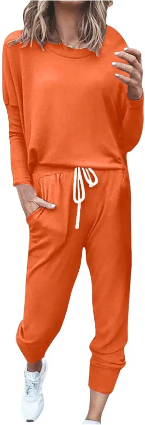 Womens 2 Piece Lounge Set Soft Loose Fit Solid Color Sweatsuits Crewneck Long Sleeve Pullovers Casual Size Tracksuit