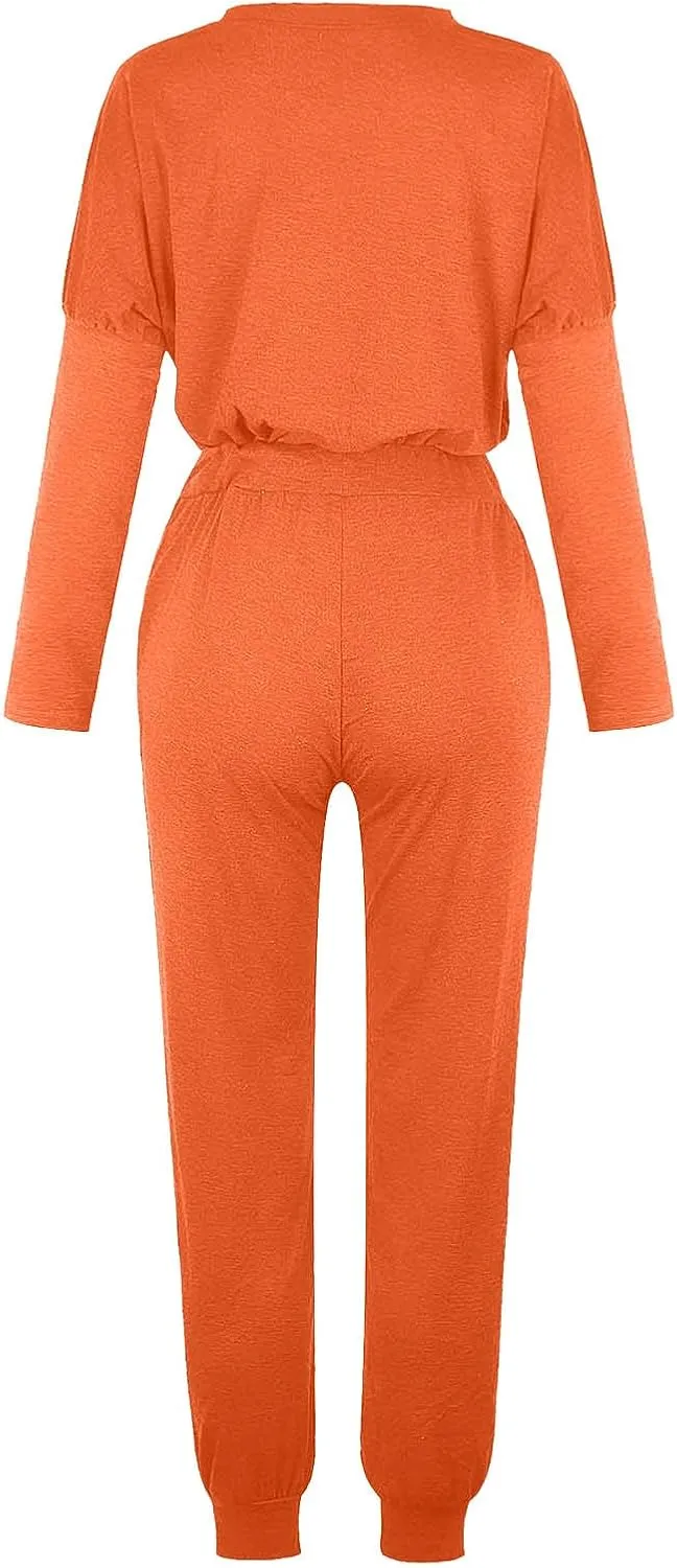 Womens 2 Piece Lounge Set Soft Loose Fit Solid Color Sweatsuits Crewneck Long Sleeve Pullovers Casual Size Tracksuit