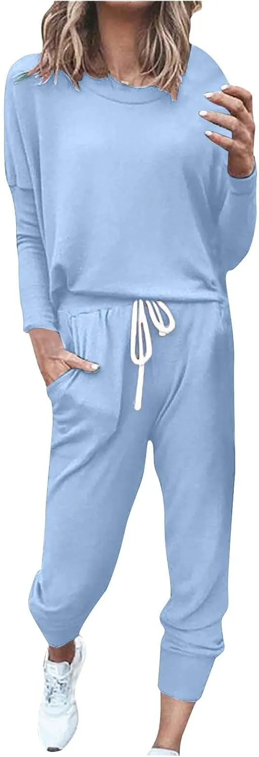 Womens 2 Piece Lounge Set Soft Loose Fit Solid Color Sweatsuits Crewneck Long Sleeve Pullovers Casual Size Tracksuit