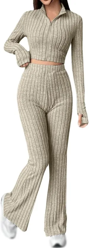 Womens 2 Piece Lounge Sets Long Sleeve Cropped Ribbed Knit Tops Wide Leg Pants Ribbed Lounge Set