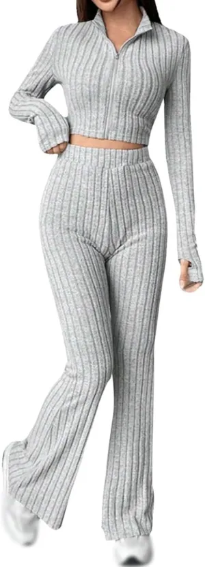 Womens 2 Piece Lounge Sets Long Sleeve Cropped Ribbed Knit Tops Wide Leg Pants Ribbed Lounge Set