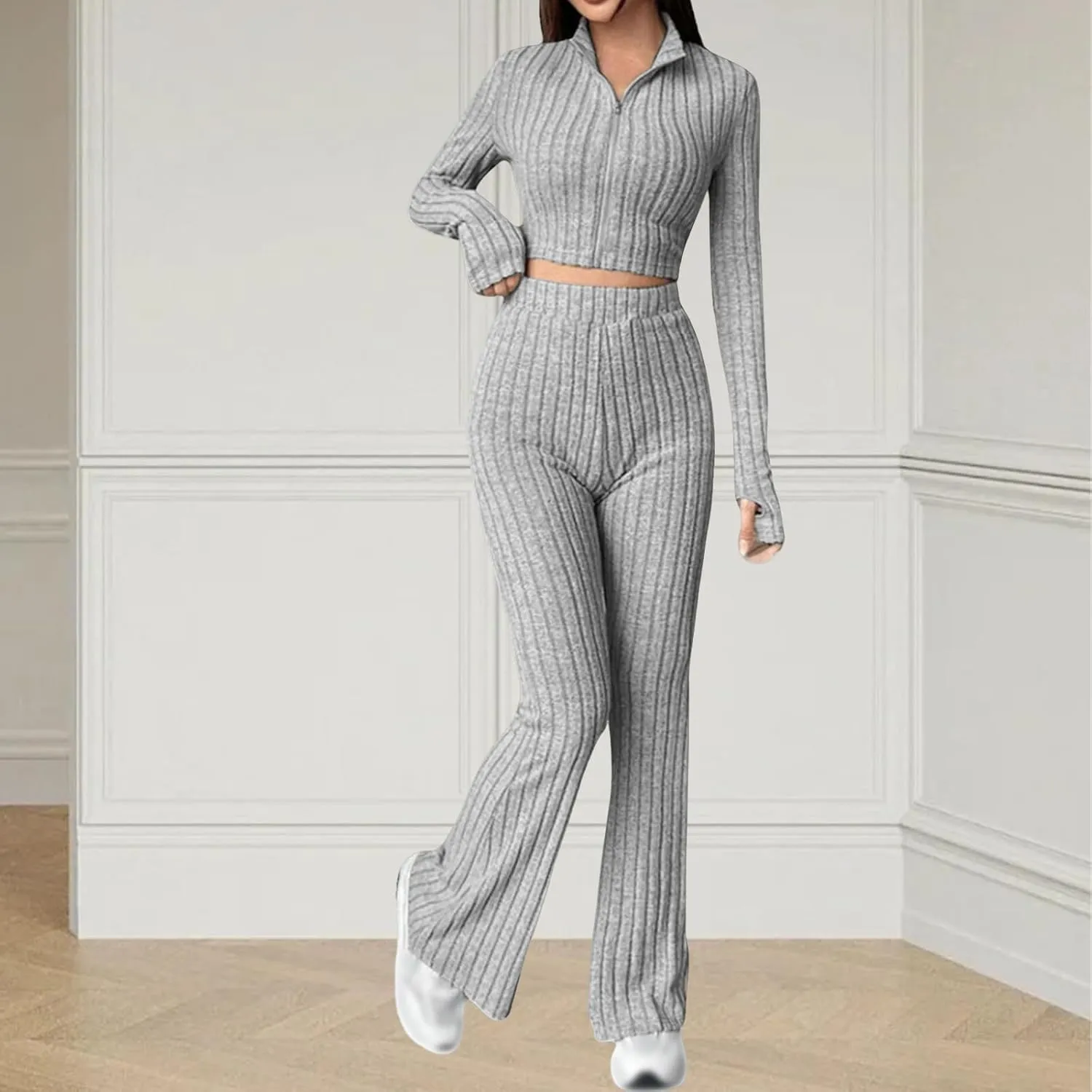 Womens 2 Piece Lounge Sets Long Sleeve Cropped Ribbed Knit Tops Wide Leg Pants Ribbed Lounge Set