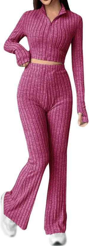 Womens 2 Piece Lounge Sets Long Sleeve Cropped Ribbed Knit Tops Wide Leg Pants Ribbed Lounge Set