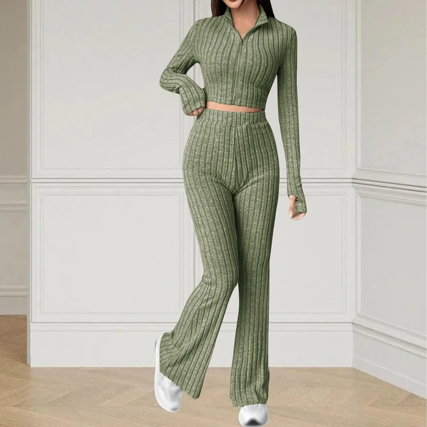 Womens 2 Piece Lounge Sets Long Sleeve Cropped Ribbed Knit Tops Wide Leg Pants Ribbed Lounge Set