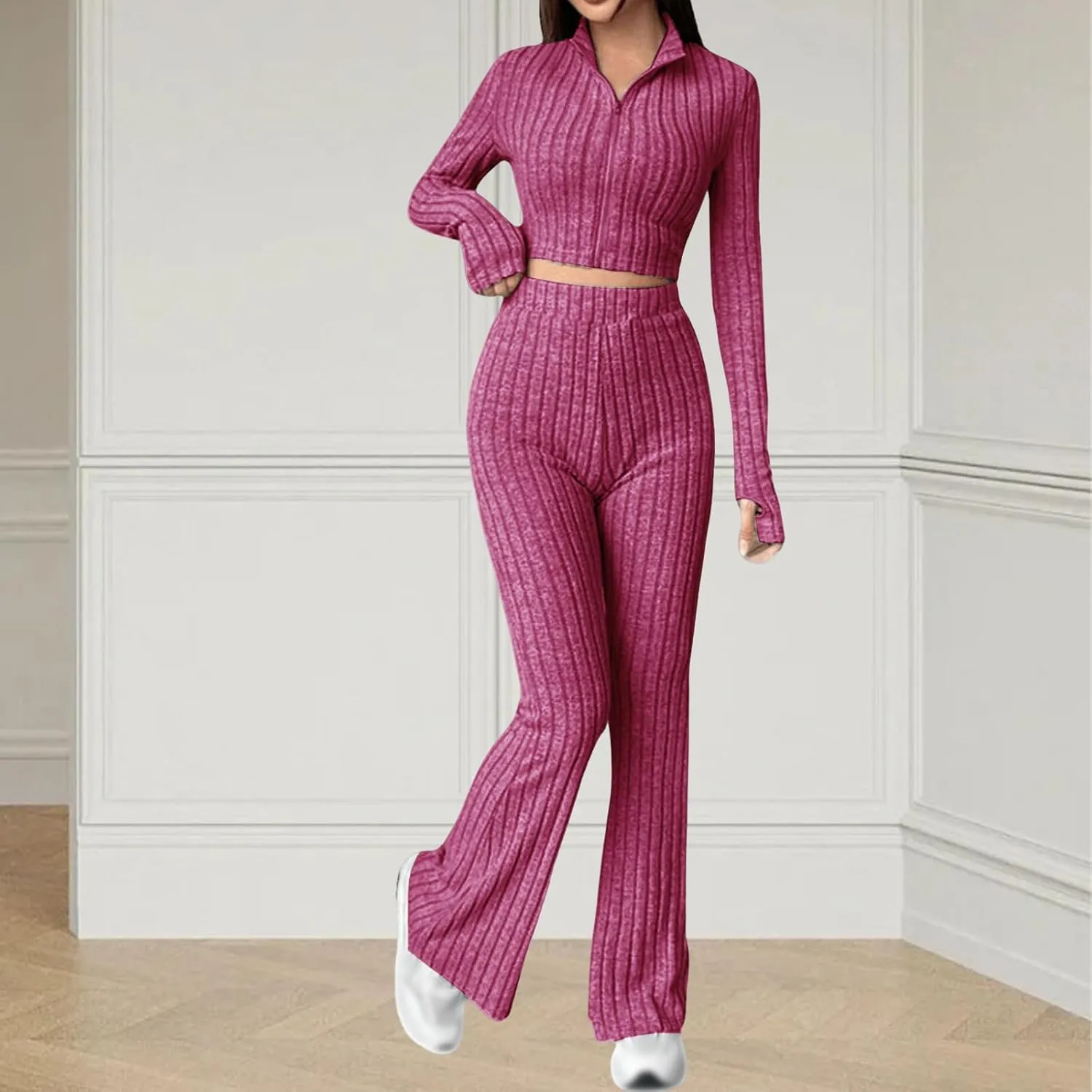 Womens 2 Piece Lounge Sets Long Sleeve Cropped Ribbed Knit Tops Wide Leg Pants Ribbed Lounge Set