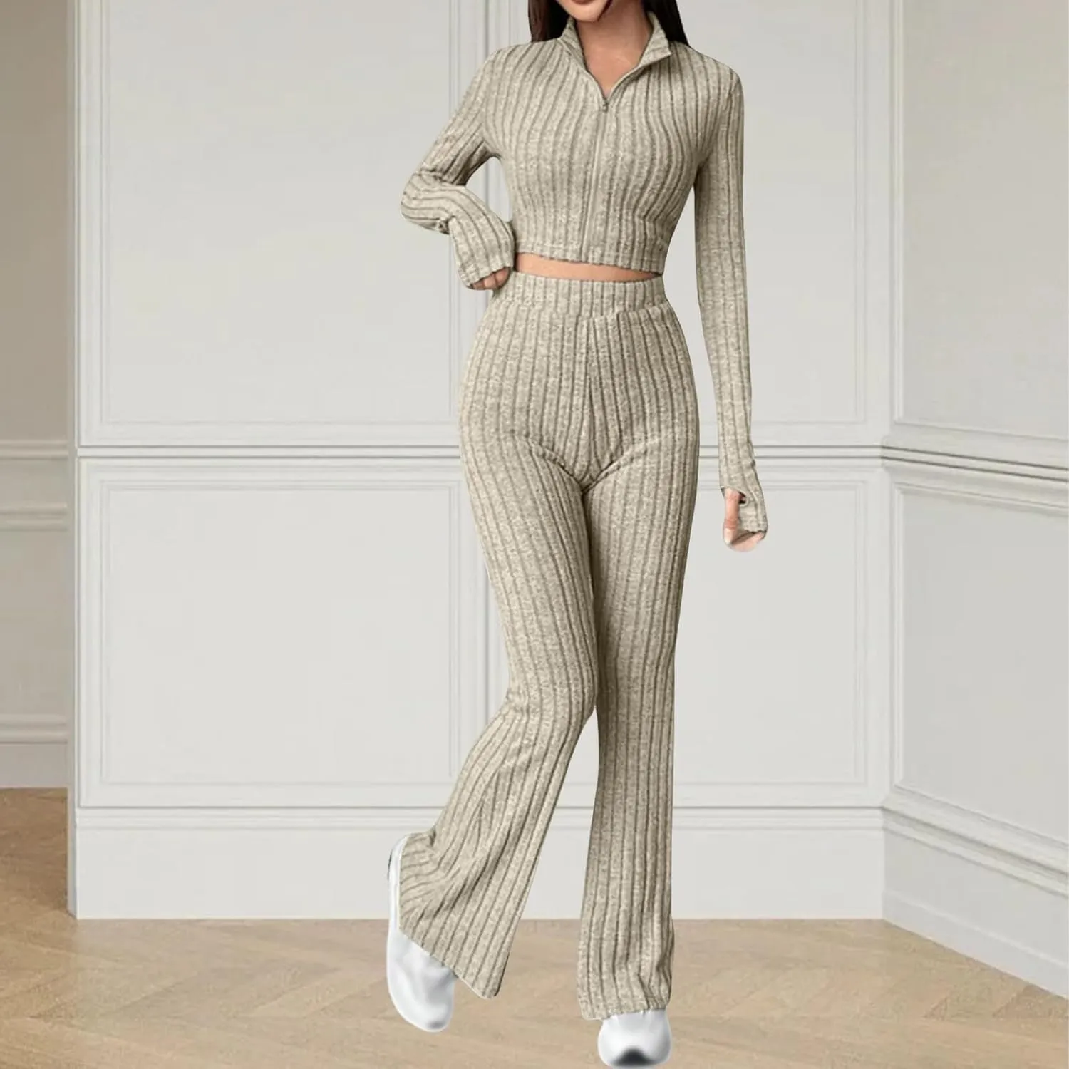 Womens 2 Piece Lounge Sets Long Sleeve Cropped Ribbed Knit Tops Wide Leg Pants Ribbed Lounge Set