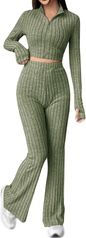 Womens 2 Piece Lounge Sets Long Sleeve Cropped Ribbed Knit Tops Wide Leg Pants Ribbed Lounge Set
