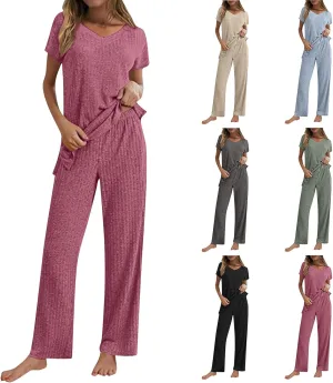 Women's 2 Piece Lounge Sets Ribbed Knit Short Sleeve V Neck Pullover Tops Wide Leg Pants Spring Summer Outfits 2025