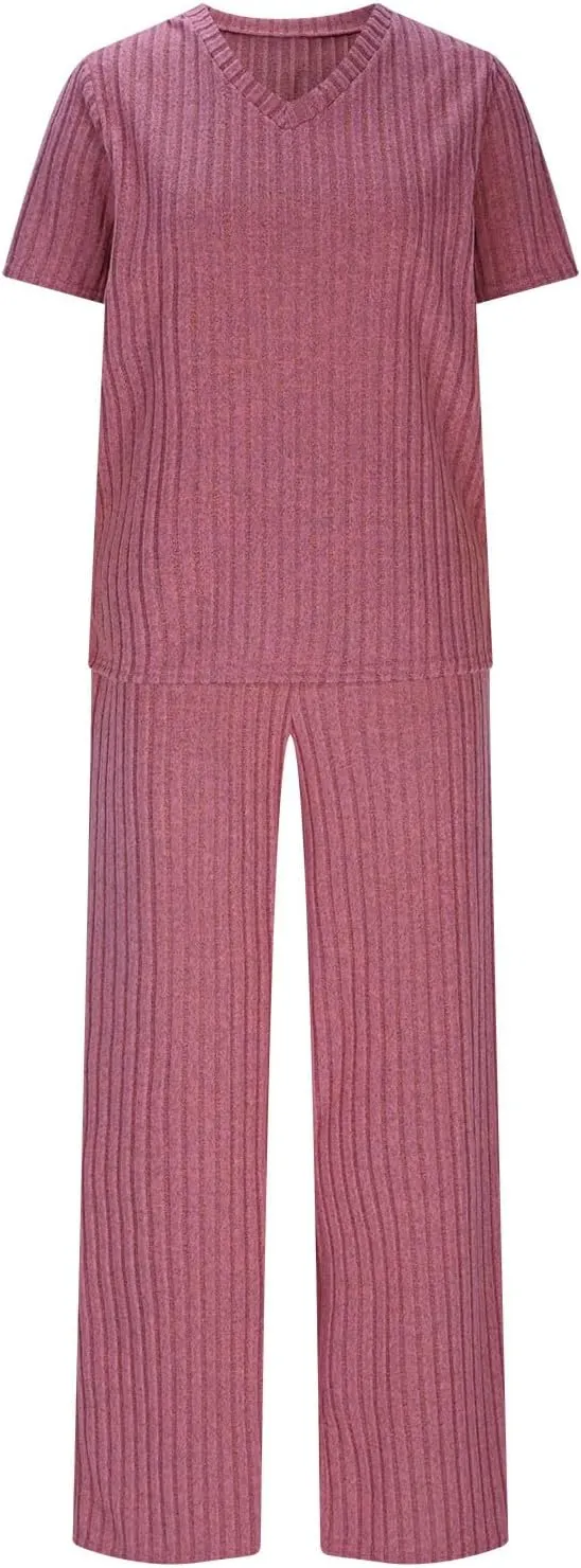 Women's 2 Piece Lounge Sets Ribbed Knit Short Sleeve V Neck Pullover Tops Wide Leg Pants Spring Summer Outfits 2025