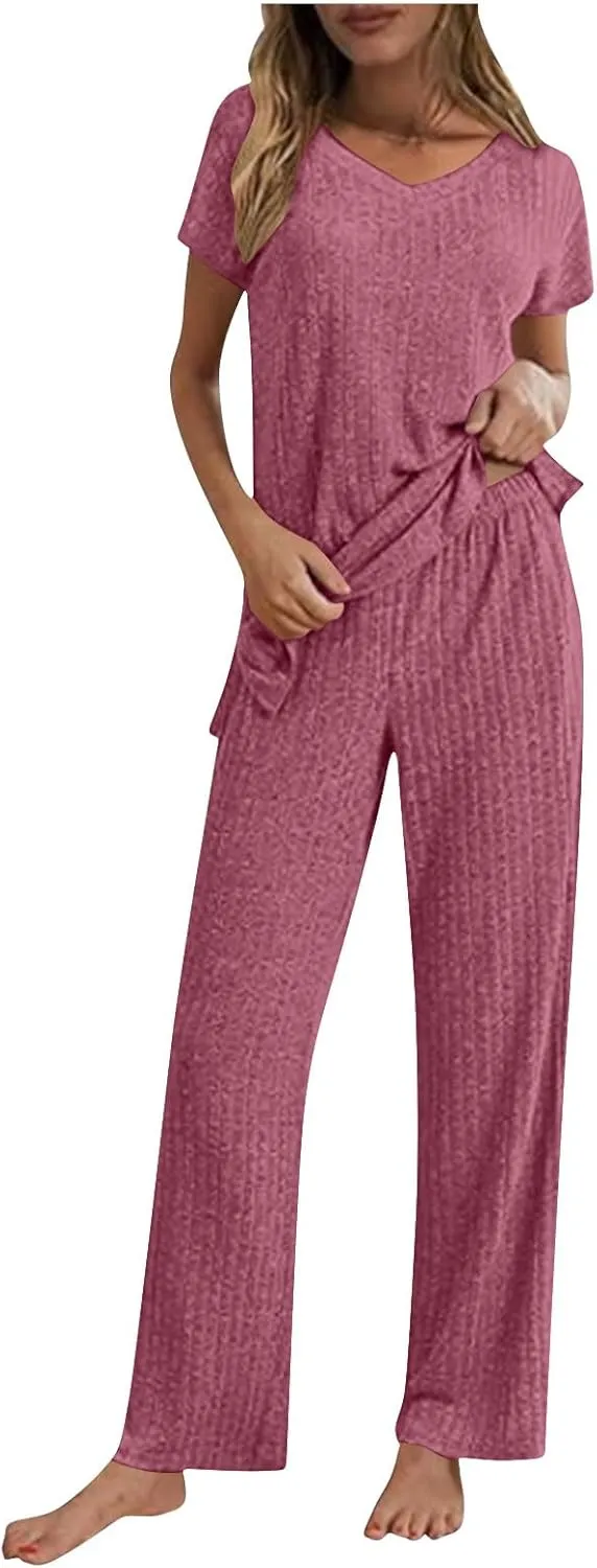 Women's 2 Piece Lounge Sets Ribbed Knit Short Sleeve V Neck Pullover Tops Wide Leg Pants Spring Summer Outfits 2025