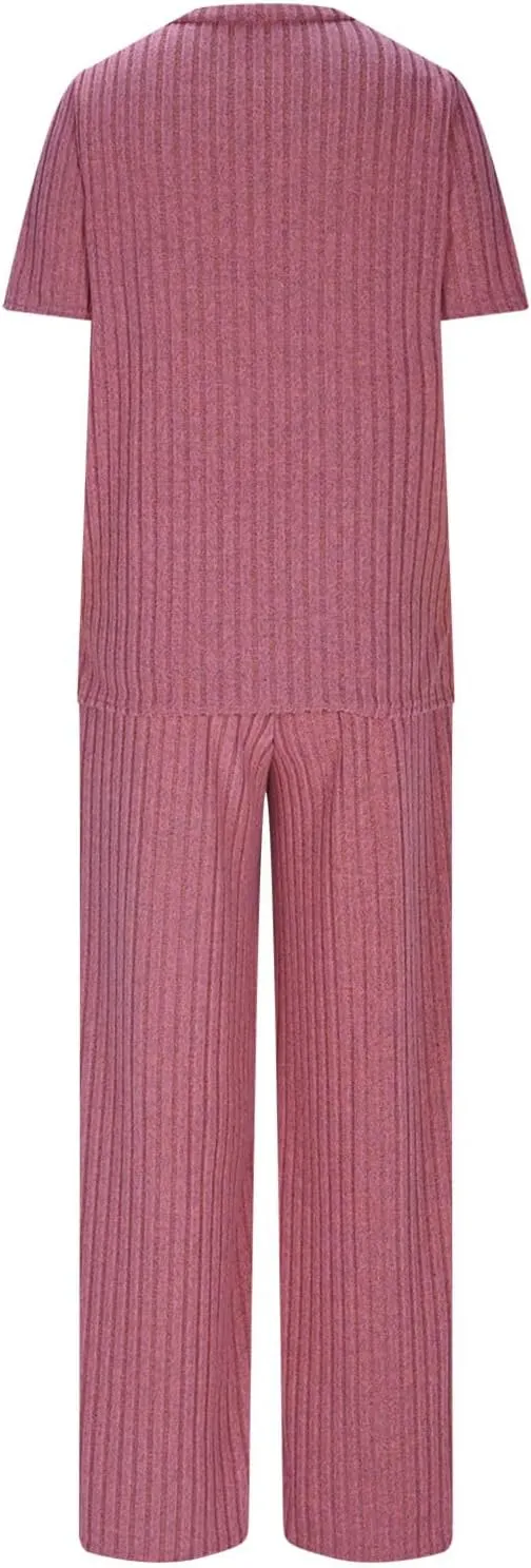Women's 2 Piece Lounge Sets Ribbed Knit Short Sleeve V Neck Pullover Tops Wide Leg Pants Spring Summer Outfits 2025