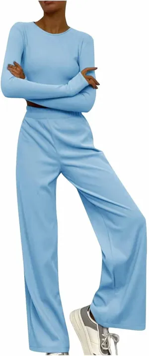 Women's 2 Piece Outfits Crew Neck Long Sleeve Ribbed Knit Bodycon Crop Top and Wide Leg Pants Lounge Sets Tracksuits