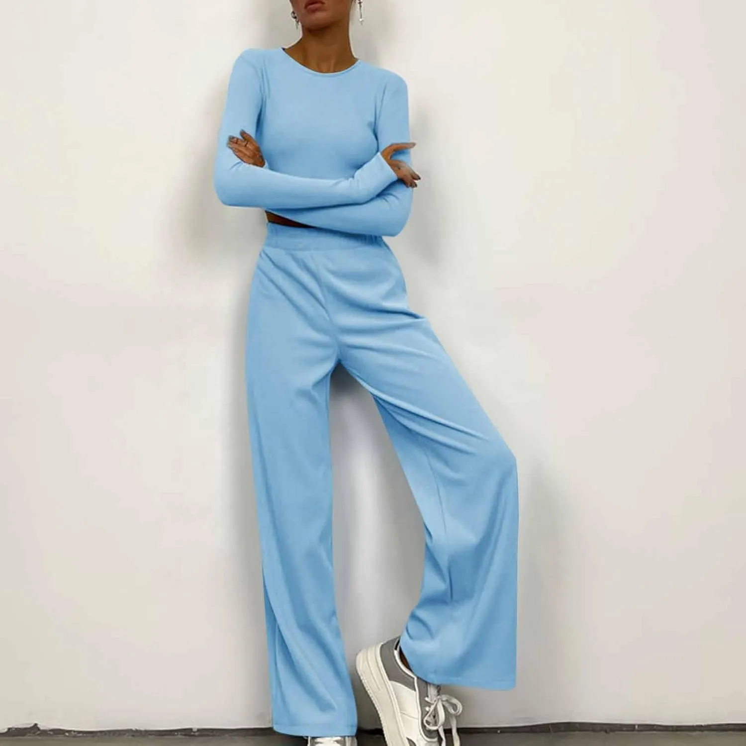 Women's 2 Piece Outfits Crew Neck Long Sleeve Ribbed Knit Bodycon Crop Top and Wide Leg Pants Lounge Sets Tracksuits
