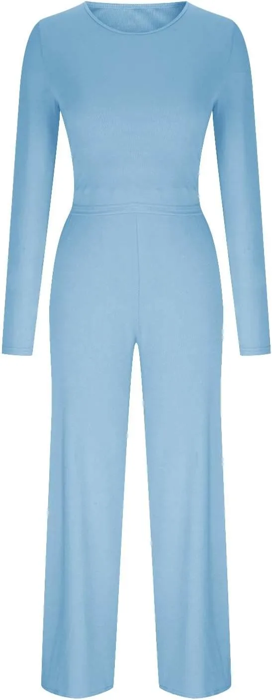 Women's 2 Piece Outfits Crew Neck Long Sleeve Ribbed Knit Bodycon Crop Top and Wide Leg Pants Lounge Sets Tracksuits