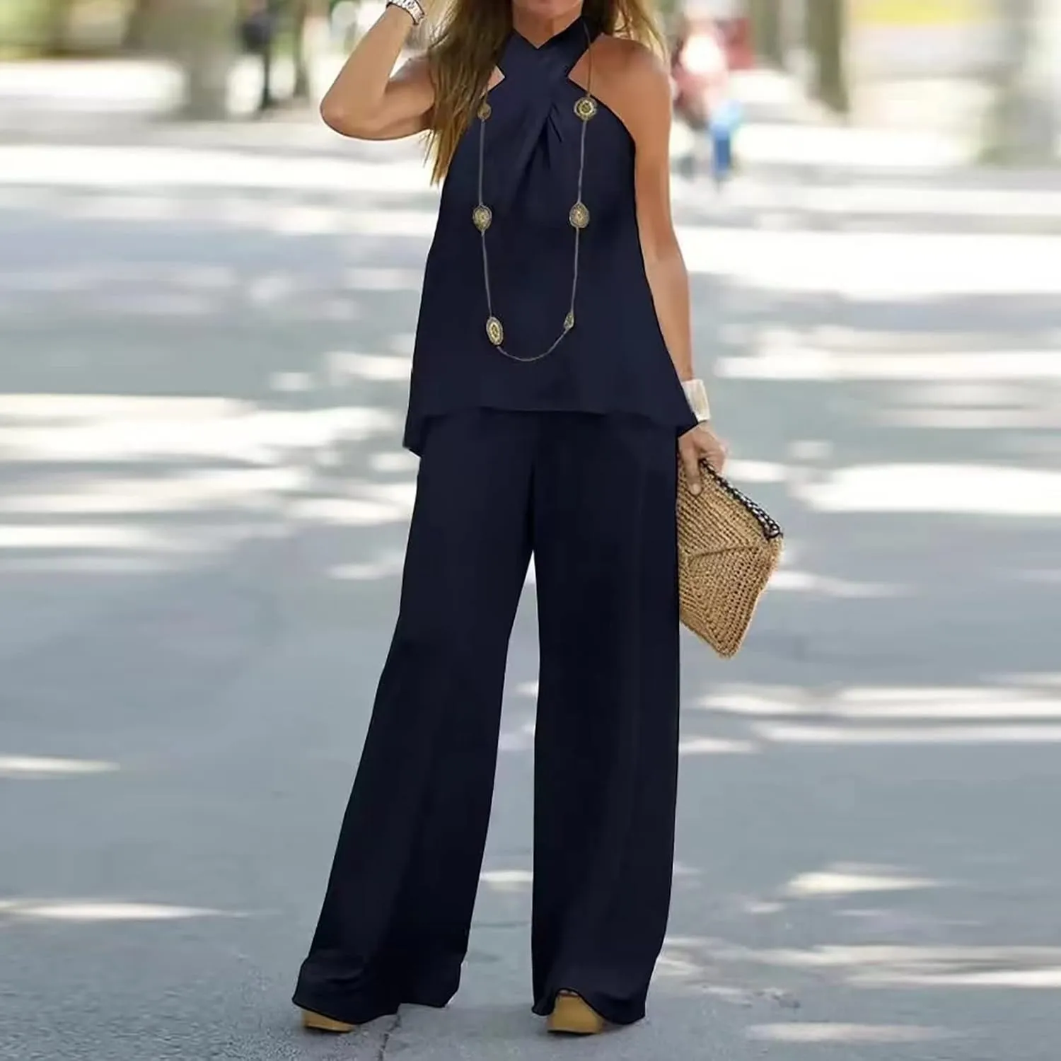Womens 2 Piece Outfits Criss Cross Hanging Neck Sleeveless Top Wide Leg Pants Sets Loose Fit Casual Beach Summer Suit