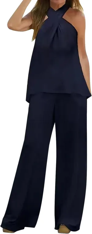 Womens 2 Piece Outfits Criss Cross Hanging Neck Sleeveless Top Wide Leg Pants Sets Loose Fit Casual Beach Summer Suit