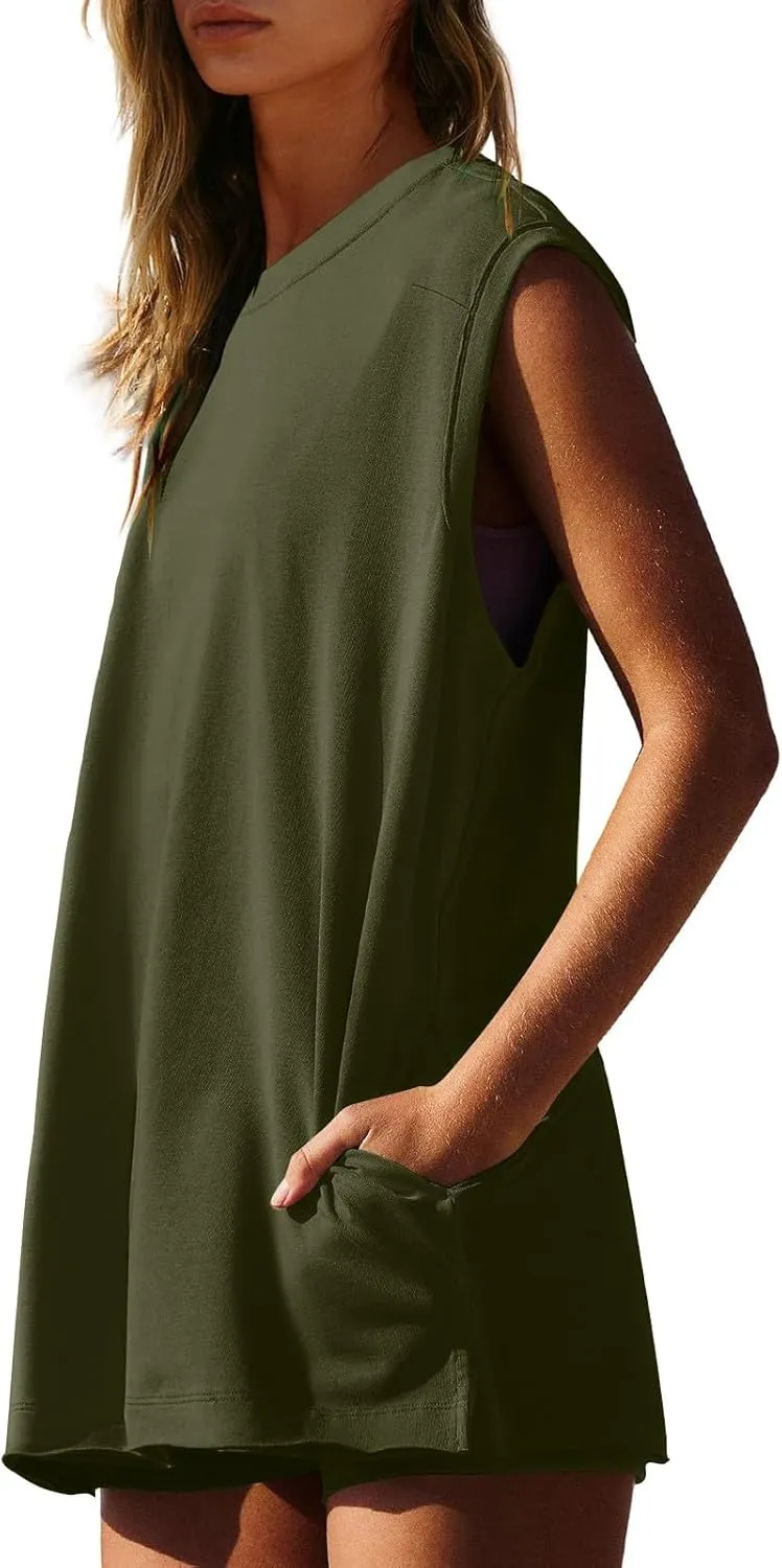 Womens 2 Piece Outfits Lounge Sets Sleeveless Tank Tops Biker Shorts Loose Fit Summer Sweatsuits Resort Wear Clothes