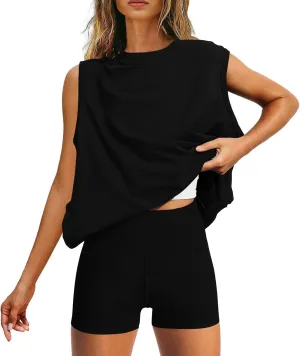 Womens 2 Piece Outfits Lounge Sets Sleeveless Tank Tops Biker Shorts Loose Fit Summer Sweatsuits Resort Wear Clothes