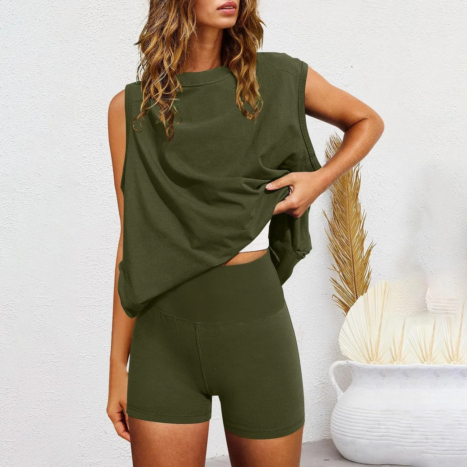 Womens 2 Piece Outfits Lounge Sets Sleeveless Tank Tops Biker Shorts Loose Fit Summer Sweatsuits Resort Wear Clothes