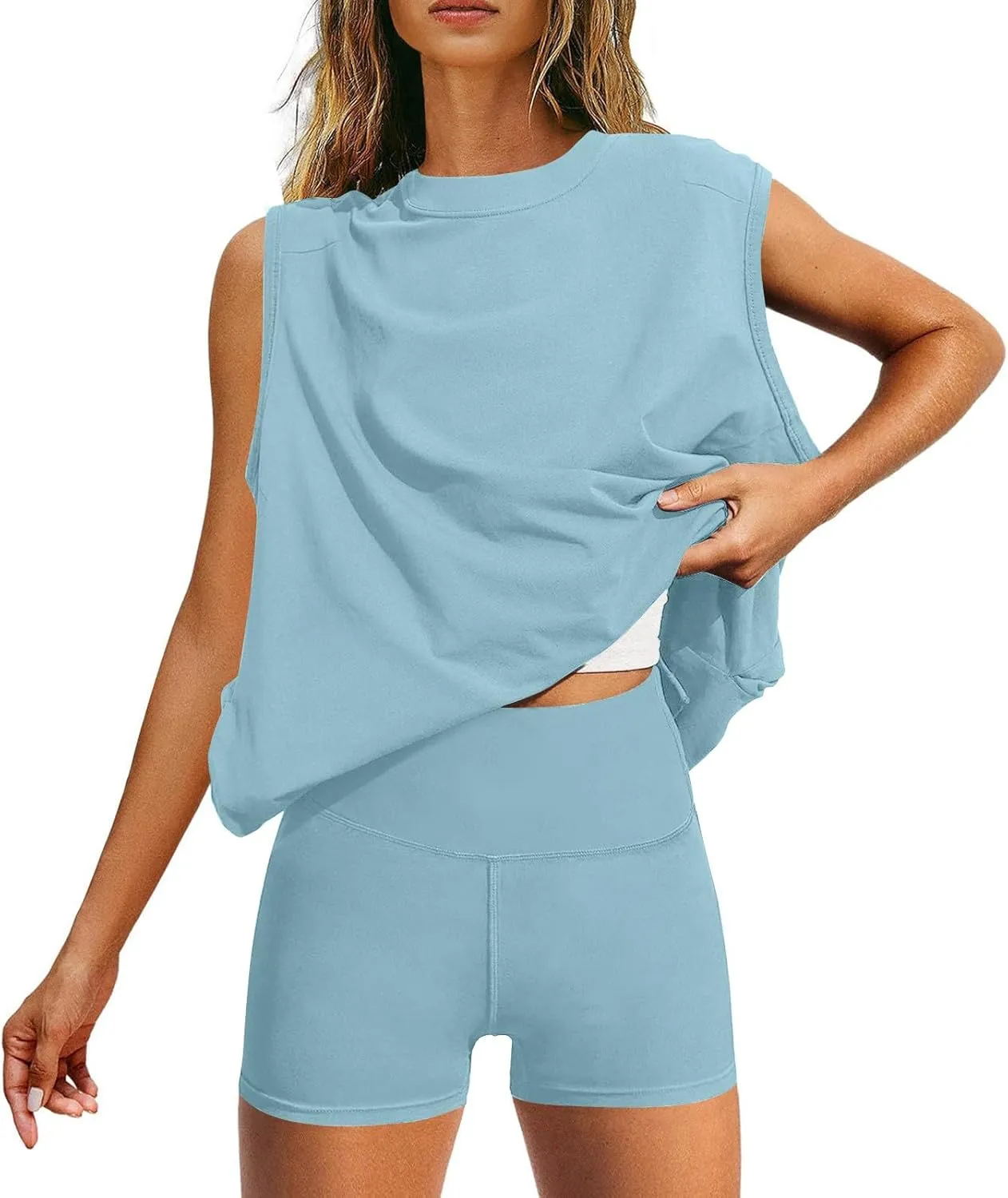 Womens 2 Piece Outfits Lounge Sets Sleeveless Tank Tops Biker Shorts Loose Fit Summer Sweatsuits Resort Wear Clothes