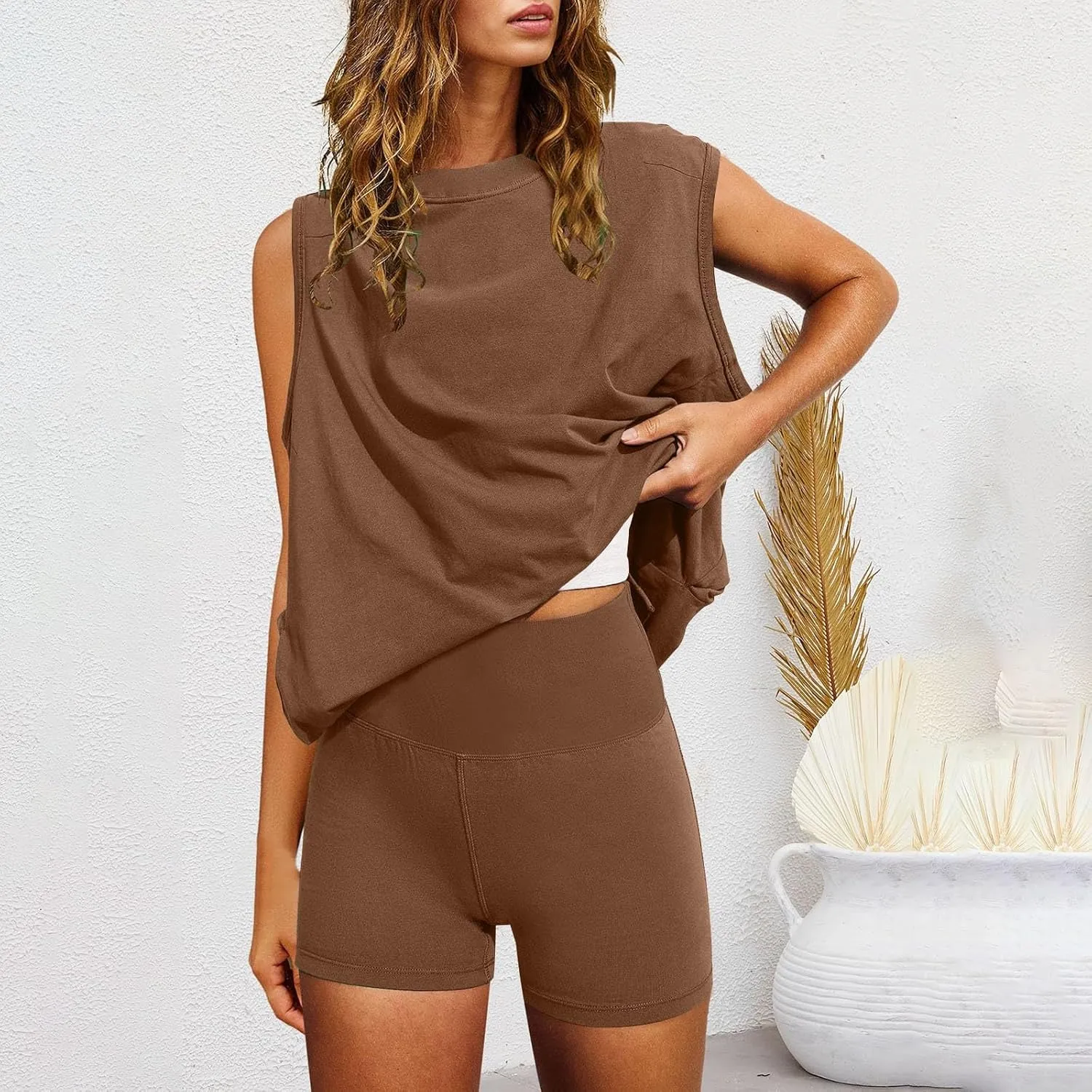Womens 2 Piece Outfits Lounge Sets Sleeveless Tank Tops Biker Shorts Loose Fit Summer Sweatsuits Resort Wear Clothes