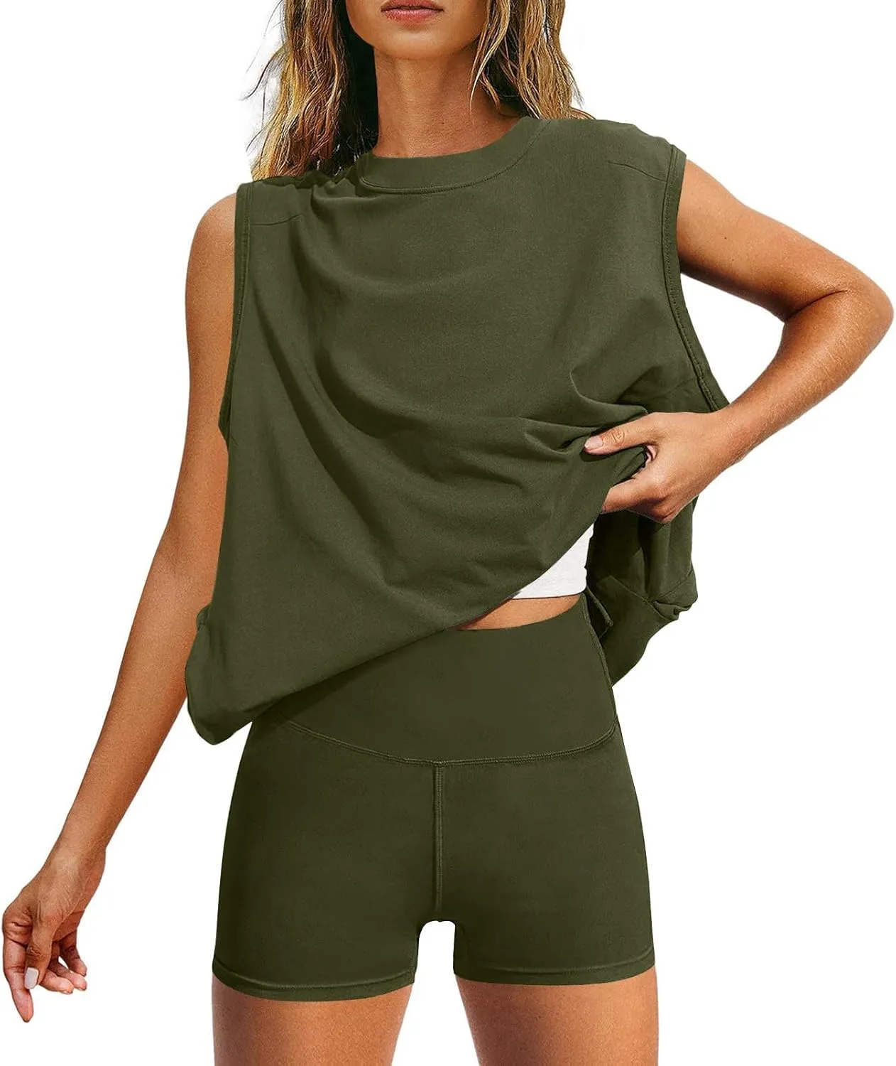 Womens 2 Piece Outfits Lounge Sets Sleeveless Tank Tops Biker Shorts Loose Fit Summer Sweatsuits Resort Wear Clothes