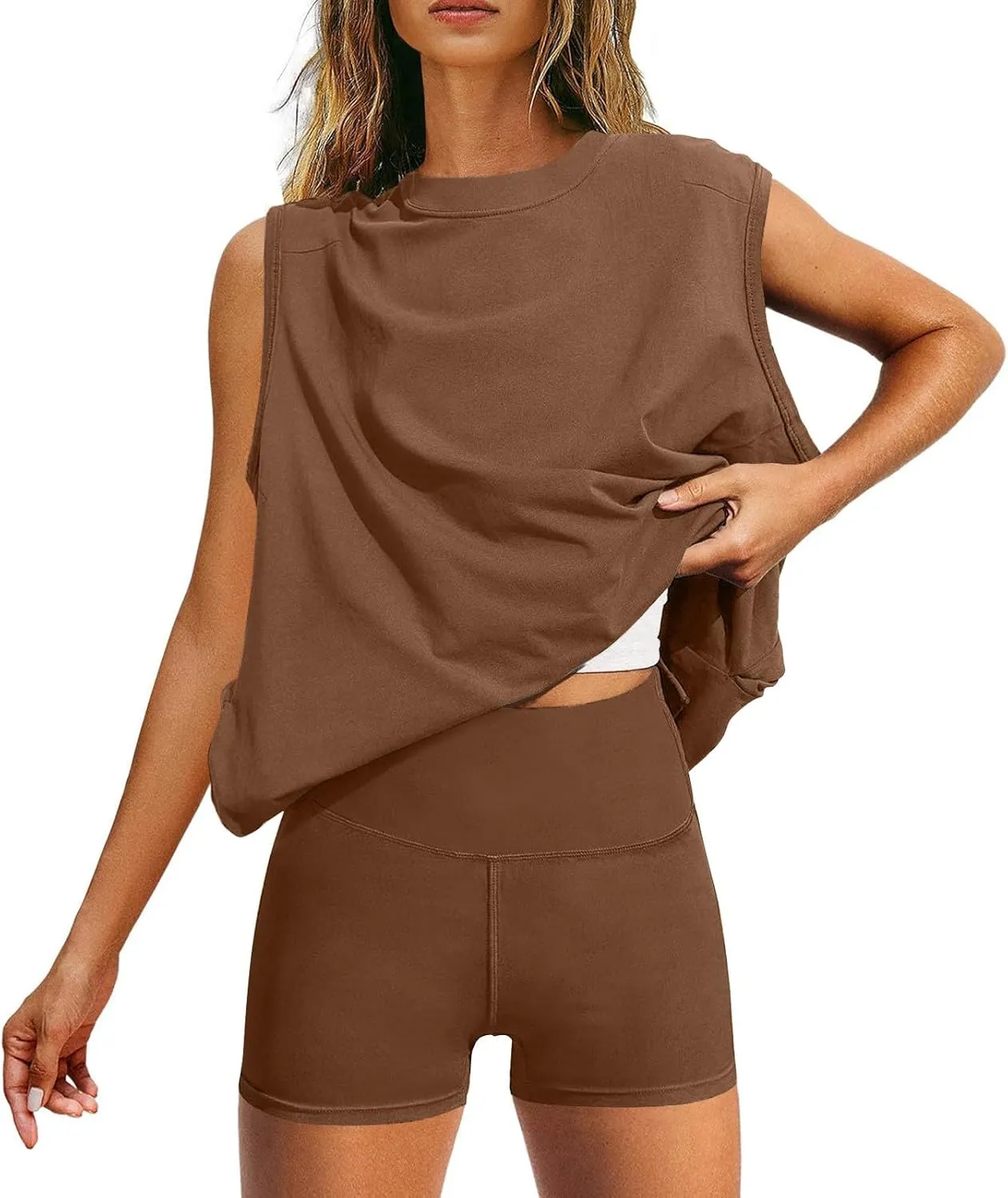 Womens 2 Piece Outfits Lounge Sets Sleeveless Tank Tops Biker Shorts Loose Fit Summer Sweatsuits Resort Wear Clothes